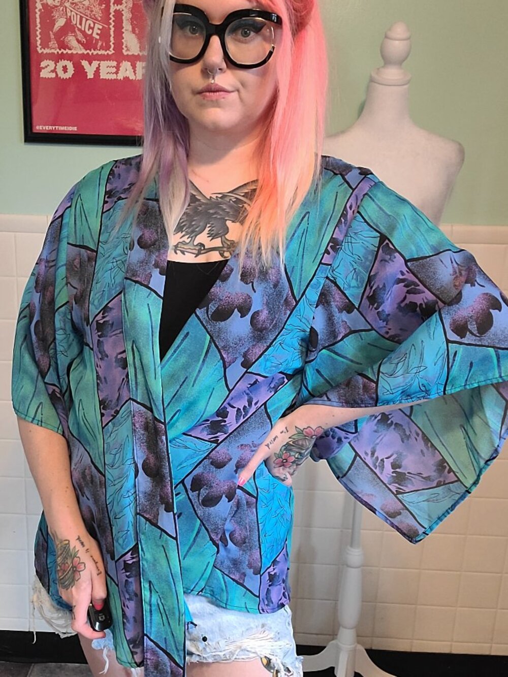 Vintage 90s Purple Teal Sheet Kimono Shawl Wrap Cover Up Whimsical Fairycore